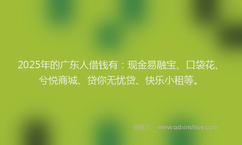 2025年的广东人借钱有：现金易融宝、口袋花、兮悦商城、贷你无忧贷、快乐小租等。