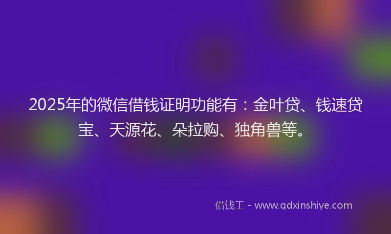 2025年的微信借钱证明功能有：金叶贷、钱速贷宝、天源花、朵拉购、独角兽等。