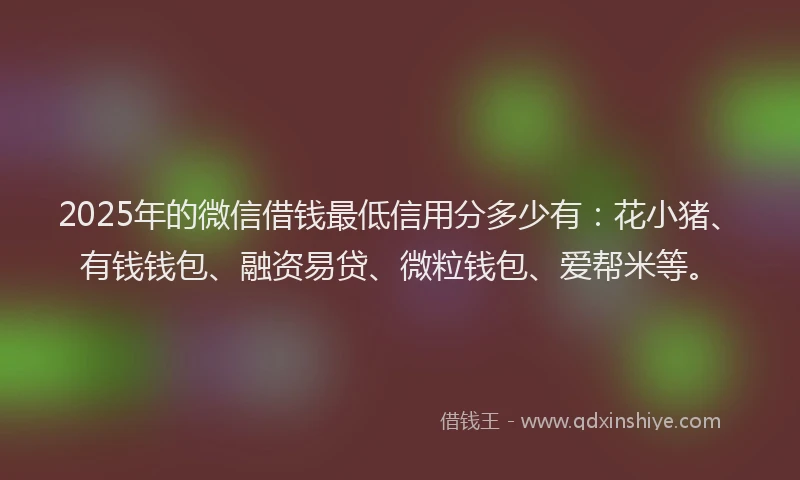 2025年的微信借钱最低信用分多少有:花小猪、有钱钱包、融资易贷、微粒钱包、爱帮米等。