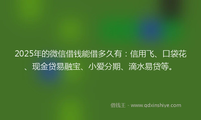 2025年的微信借钱能借多久有：信用飞、口袋花、现金贷易融宝、小爱分期、滴水易贷等。