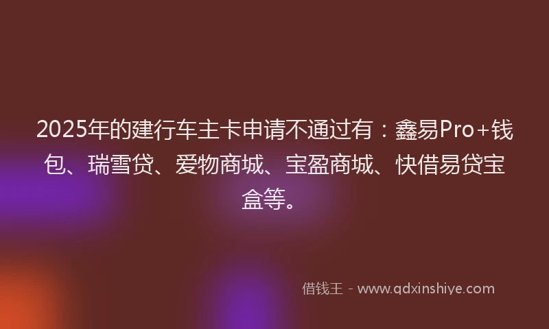 2025年的建行车主卡申请不通过有：鑫易Pro+钱包、瑞雪贷、爱物商城、宝盈商城、快借易贷宝盒等。