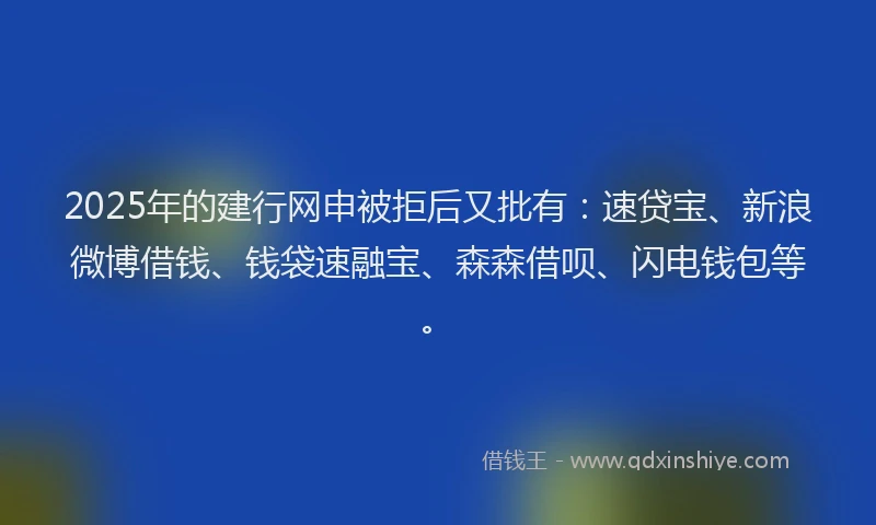2025年的建行网申被拒后又批有：速贷宝、新浪微博借钱、钱袋速融宝、森森借呗、闪电钱包等。