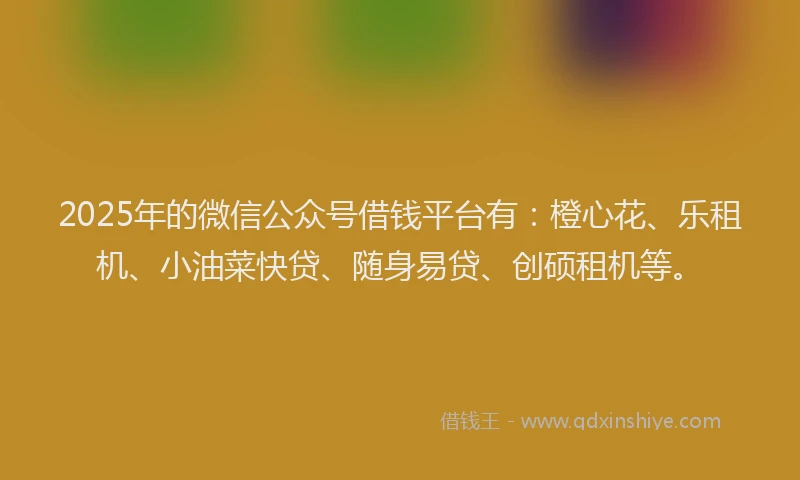2025年的微信公众号借钱平台有：橙心花、乐租机、小油菜快贷、随身易贷、创硕租机等。