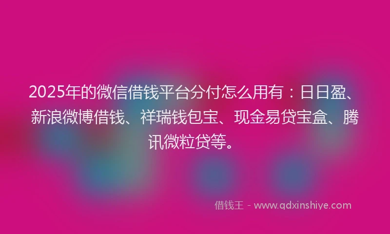 2025年的微信借钱平台分付怎么用有：日日盈、新浪微博借钱、祥瑞钱包宝、现金易贷宝盒、腾讯微粒贷等。