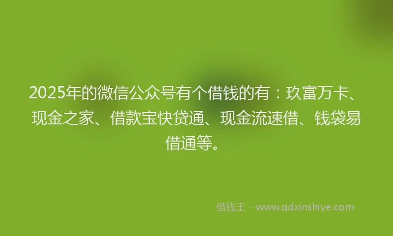 2025年的微信公众号有个借钱的有：玖富万卡、现金之家、借款宝快贷通、现金流速借、钱袋易借通等。