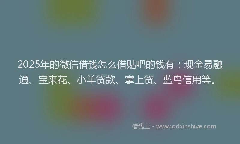 2025年的微信借钱怎么借贴吧的钱有:现金易融通、宝来花、小羊贷款、掌上贷、蓝鸟信用等。