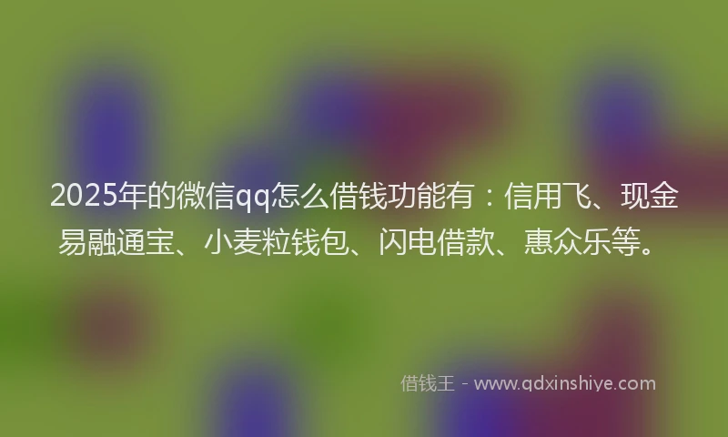 2025年的微信qq怎么借钱功能有：信用飞、现金易融通宝、小麦粒钱包、闪电借款、惠众乐等。