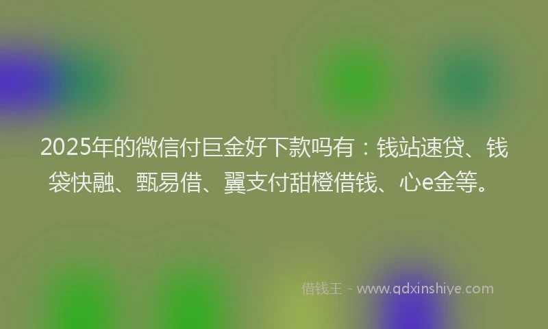 2025年的微信付巨金好下款吗有：钱站速贷、钱袋快融、甄易借、翼支付甜橙借钱、心e金等。