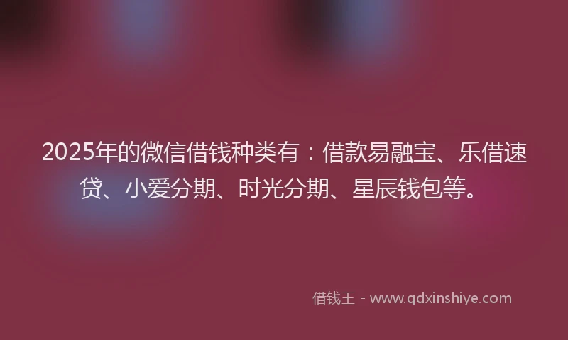 2025年的微信借钱种类有：借款易融宝、乐借速贷、小爱分期、时光分期、星辰钱包等。
