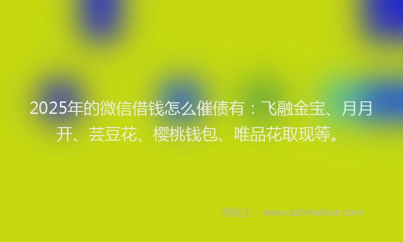 2025年的微信借钱怎么催债有：飞融金宝、月月开、芸豆花、樱桃钱包、唯品花取现等。