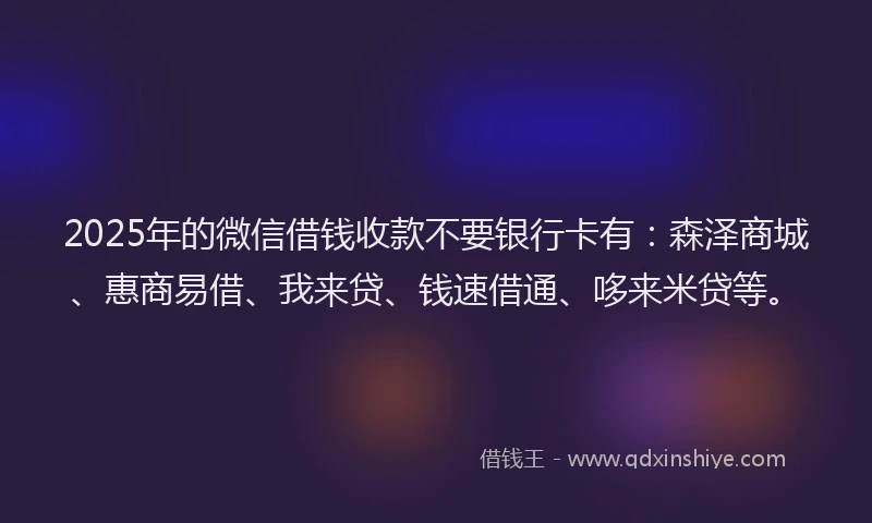 2025年的微信借钱收款不要银行卡有：森泽商城、惠商易借、我来贷、钱速借通、哆来米贷等。