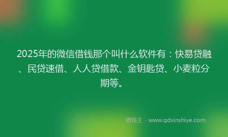 2025年的微信借钱那个叫什么软件有：快易贷融、民贷速借、人人贷借款、金钥匙贷、小麦粒分期等。