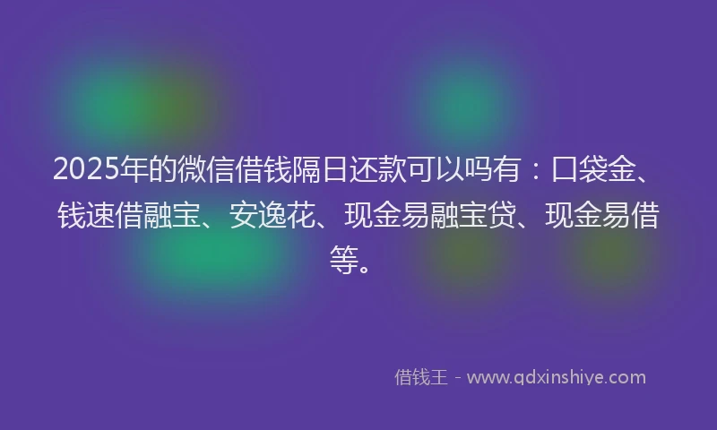 2025年的微信借钱隔日还款可以吗有：口袋金、钱速借融宝、安逸花、现金易融宝贷、现金易借等。