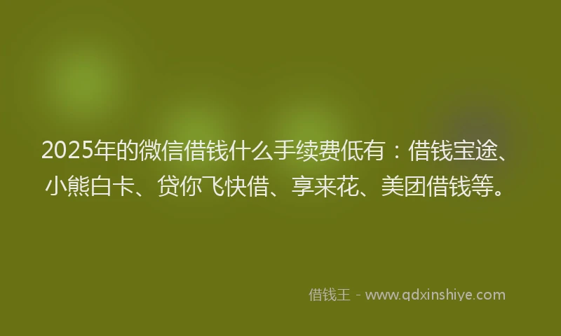 2025年的微信借钱什么手续费低有：借钱宝途、小熊白卡、贷你飞快借、享来花、美团借钱等。