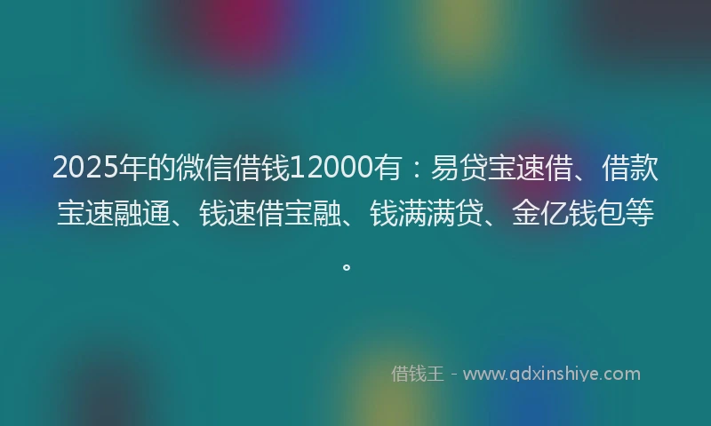2025年的微信借钱12000有：易贷宝速借、借款宝速融通、钱速借宝融、钱满满贷、金亿钱包等。