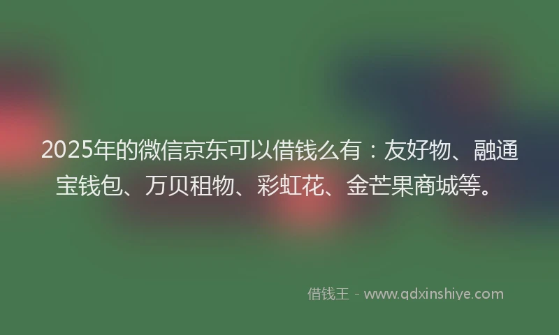 2025年的微信京东可以借钱么有：友好物、融通宝钱包、万贝租物、彩虹花、金芒果商城等。