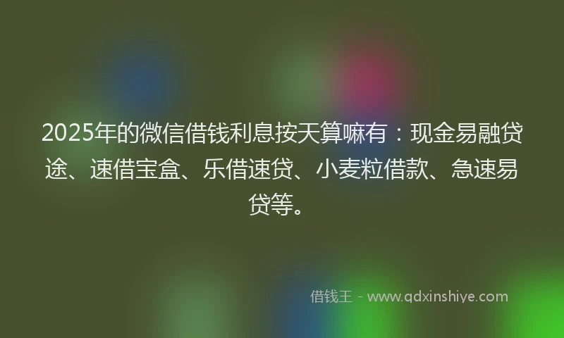 2025年的微信借钱利息按天算嘛有：现金易融贷途、速借宝盒、乐借速贷、小麦粒借款、急速易贷等。