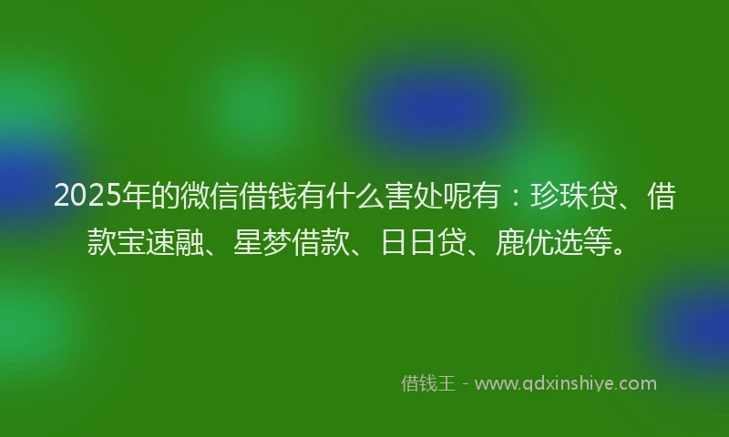 2025年的微信借钱有什么害处呢有：珍珠贷、借款宝速融、星梦借款、日日贷、鹿优选等。