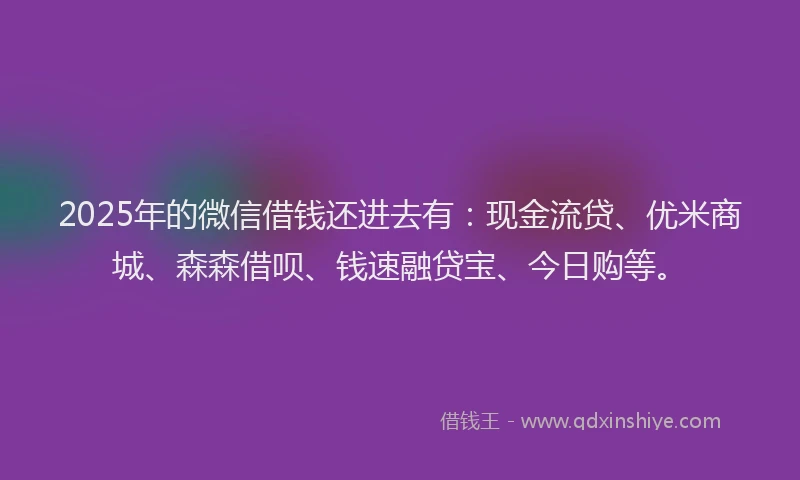 2025年的微信借钱还进去有：现金流贷、优米商城、森森借呗、钱速融贷宝、今日购等。