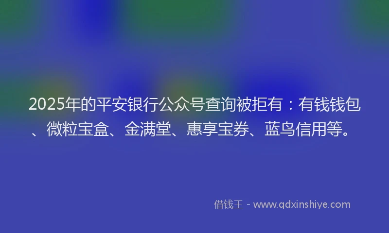 2025年的平安银行公众号查询被拒有：有钱钱包、微粒宝盒、金满堂、惠享宝券、蓝鸟信用等。