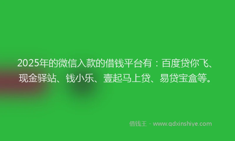 2025年的微信入款的借钱平台有：百度贷你飞、现金驿站、钱小乐、壹起马上贷、易贷宝盒等。