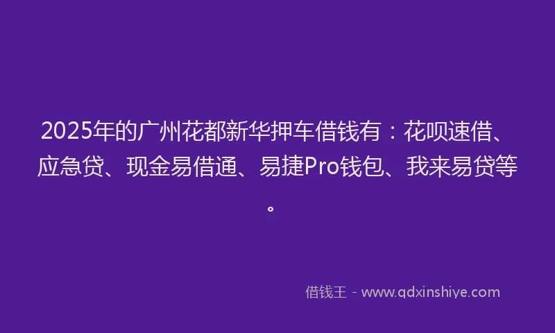 2025年的广州花都新华押车借钱有：花呗速借、应急贷、现金易借通、易捷Pro钱包、我来易贷等。