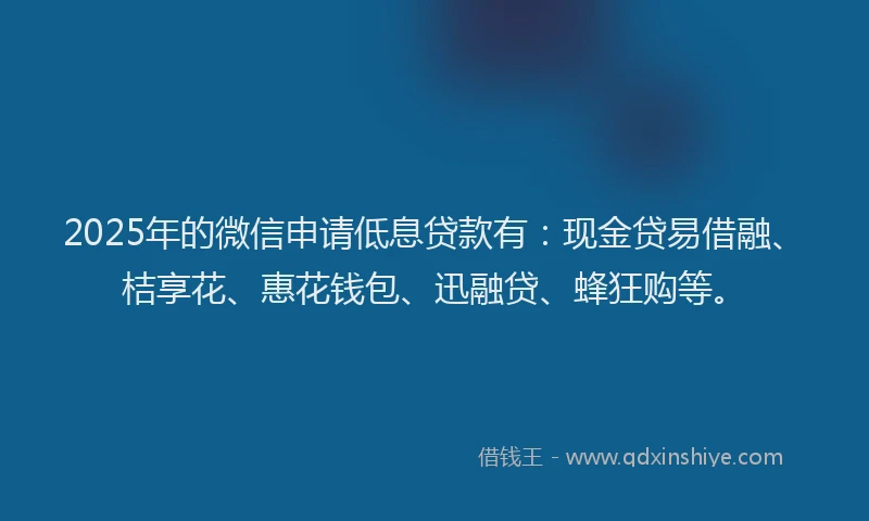 2025年的微信申请低息贷款有：现金贷易借融、桔享花、惠花钱包、迅融贷、蜂狂购等。
