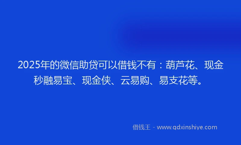 2025年的微信助贷可以借钱不有：葫芦花、现金秒融易宝、现金侠、云易购、易支花等。