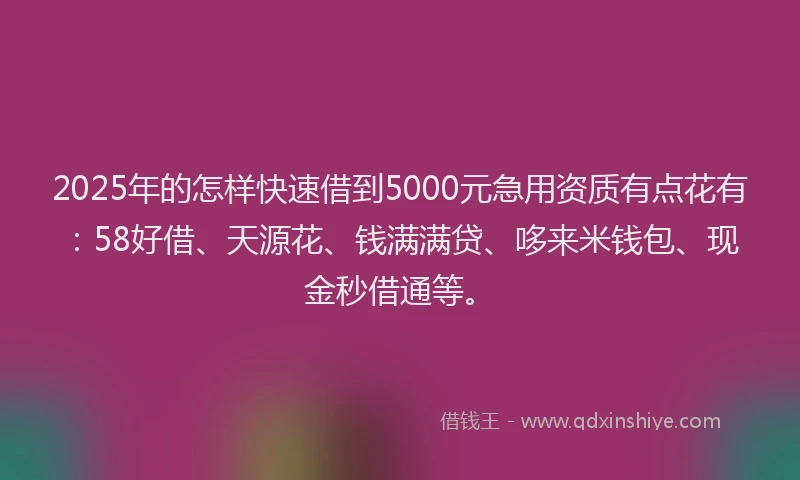 2025年的怎样快速借到5000元急用资质有点花有：58好借、天源花、钱满满贷、哆来米钱包、现金秒借通等。