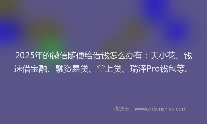 2025年的微信随便给借钱怎么办有：天小花、钱速借宝融、融资易贷、掌上贷、瑞泽Pro钱包等。