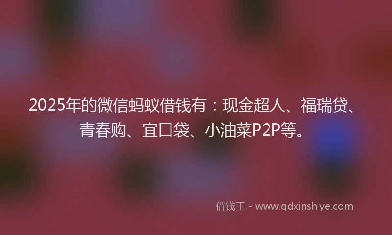 2025年的微信蚂蚁借钱有：现金超人、福瑞贷、青春购、宜口袋、小油菜P2P等。