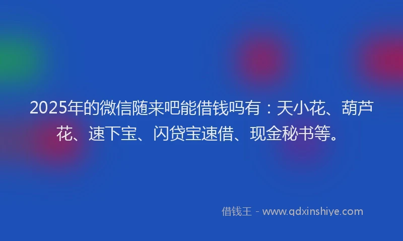 2025年的微信随来吧能借钱吗有：天小花、葫芦花、速下宝、闪贷宝速借、现金秘书等。