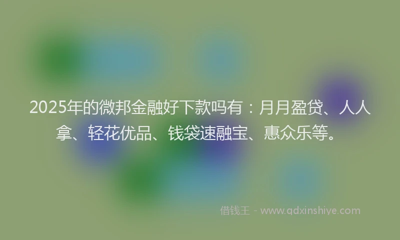 2025年的微邦金融好下款吗有:月月盈贷、人人拿、轻花优品、钱袋速融宝、惠众乐等。