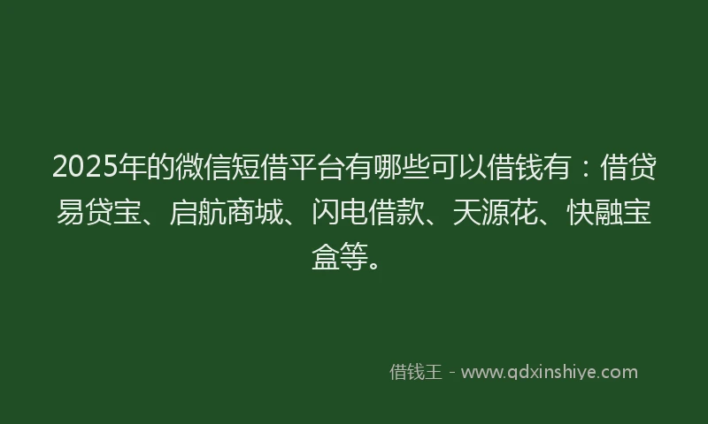 2025年的微信短借平台有哪些可以借钱有：借贷易贷宝、启航商城、闪电借款、天源花、快融宝盒等。
