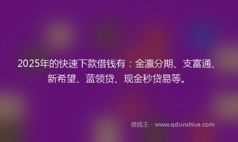 2025年的快速下款借钱有：金瀛分期、支富通、新希望、蓝领贷、现金秒贷易等。