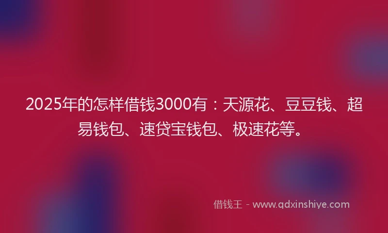 2025年的怎样借钱3000有：天源花、豆豆钱、超易钱包、速贷宝钱包、极速花等。
