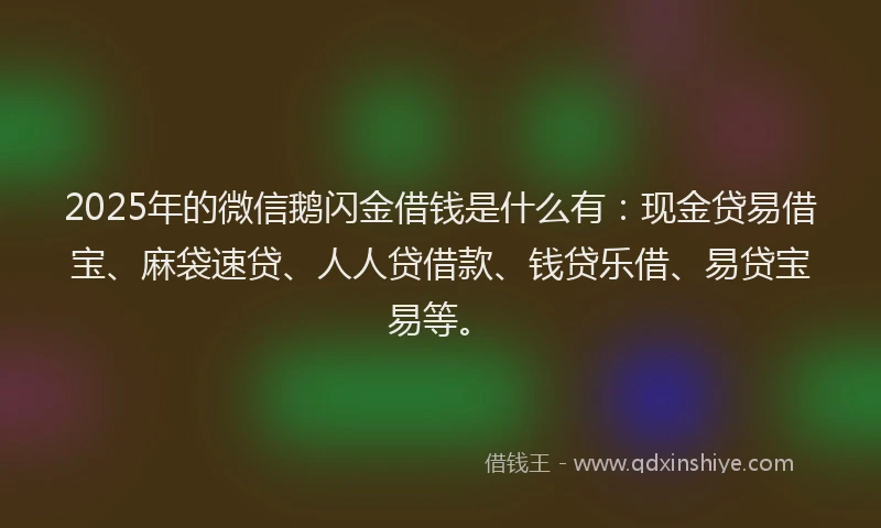 2025年的微信鹅闪金借钱是什么有：现金贷易借宝、麻袋速贷、人人贷借款、钱贷乐借、易贷宝易等。
