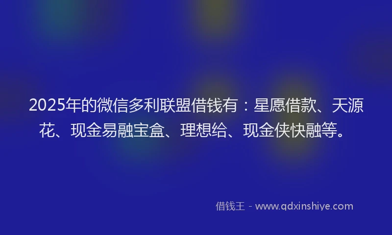 2025年的微信多利联盟借钱有：星愿借款、天源花、现金易融宝盒、理想给、现金侠快融等。