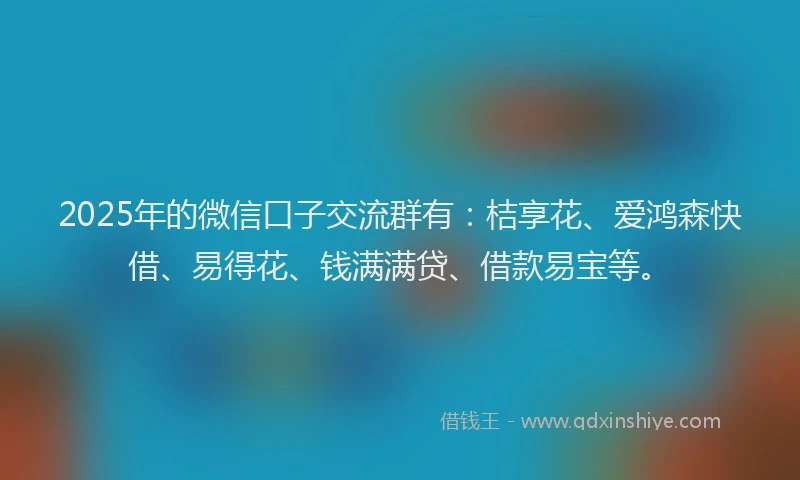 2025年的微信口子交流群有：桔享花、爱鸿森快借、易得花、钱满满贷、借款易宝等。