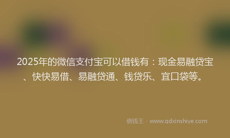 2025年的微信支付宝可以借钱有：现金易融贷宝、快快易借、易融贷通、钱贷乐、宜口袋等。