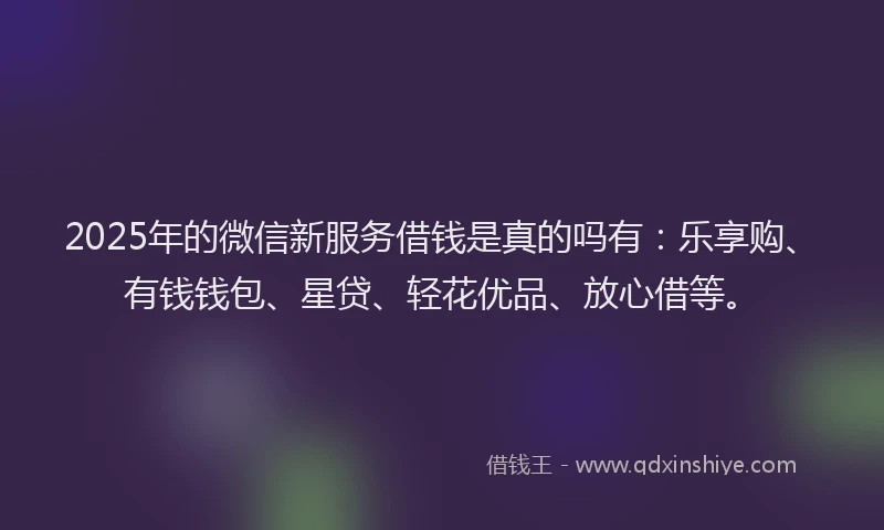 2025年的微信新服务借钱是真的吗有：乐享购、有钱钱包、星贷、轻花优品、放心借等。