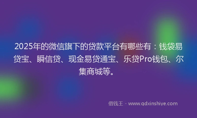 2025年的微信旗下的贷款平台有哪些有：钱袋易贷宝、瞬信贷、现金易贷通宝、乐贷Pro钱包、尔集商城等。