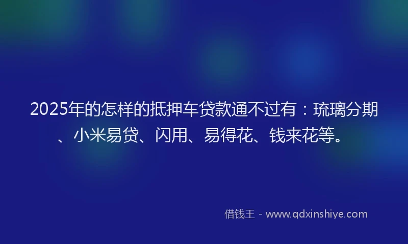 2025年的怎样的抵押车贷款通不过有：琉璃分期、小米易贷、闪用、易得花、钱来花等。