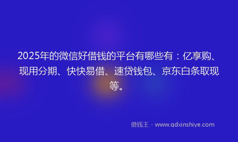 2025年的微信好借钱的平台有哪些有：亿享购、现用分期、快快易借、速贷钱包、京东白条取现等。
