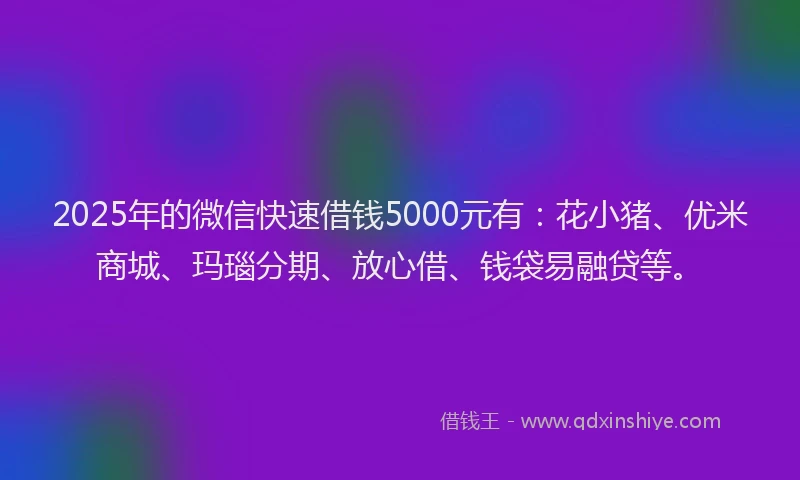 2025年的微信快速借钱5000元有：花小猪、优米商城、玛瑙分期、放心借、钱袋易融贷等。