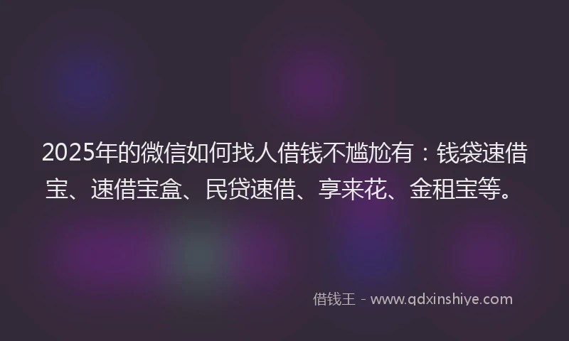 2025年的微信如何找人借钱不尴尬有：钱袋速借宝、速借宝盒、民贷速借、享来花、金租宝等。