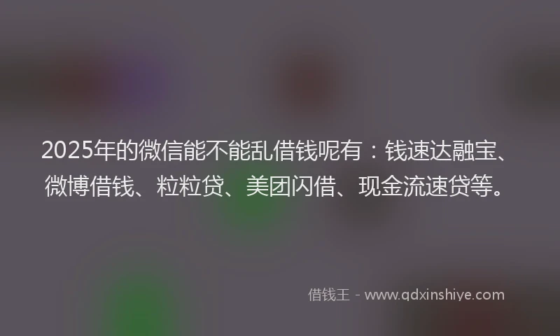 2025年的微信能不能乱借钱呢有：钱速达融宝、微博借钱、粒粒贷、美团闪借、现金流速贷等。