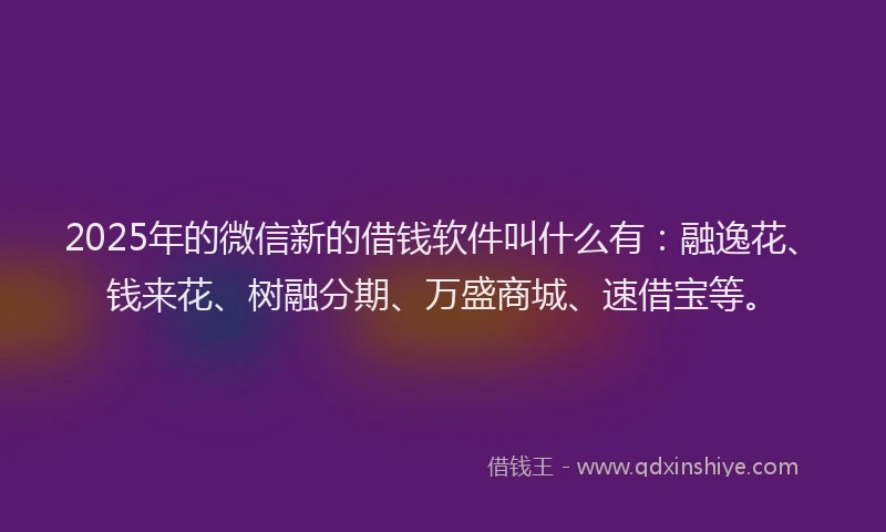 2025年的微信新的借钱软件叫什么有：融逸花、钱来花、树融分期、万盛商城、速借宝等。