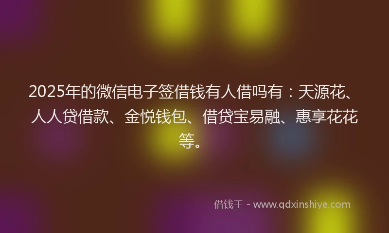 2025年的微信电子签借钱有人借吗有:天源花、人人贷借款、金悦钱包、借贷宝易融、惠享花花等。