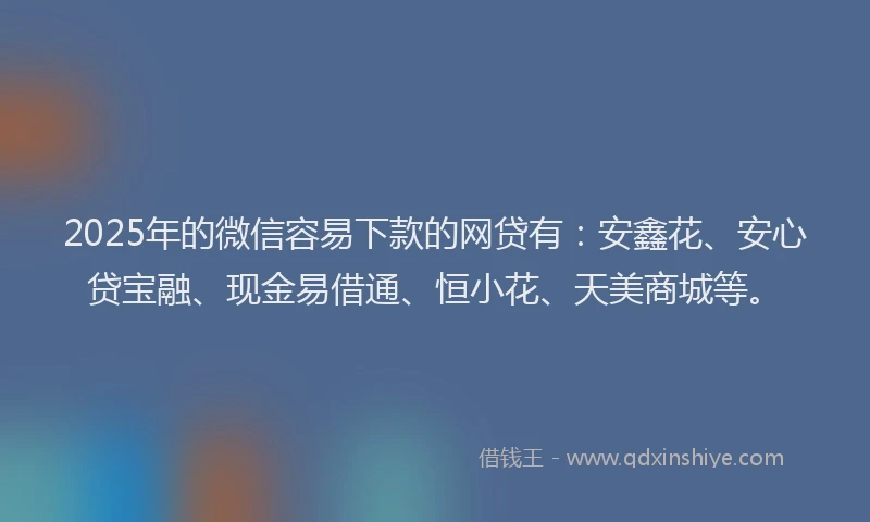 2025年的微信容易下款的网贷有：安鑫花、安心贷宝融、现金易借通、恒小花、天美商城等。